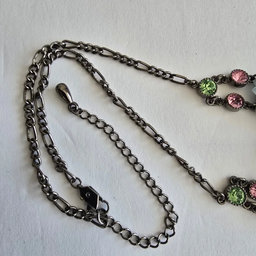 Floral Bib Necklace Earring Set Pastel Resin Flowers Gunmetal Rhinestone Jewelry